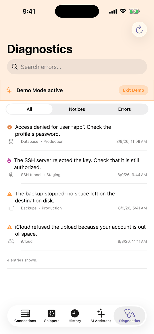 The error log on the phone