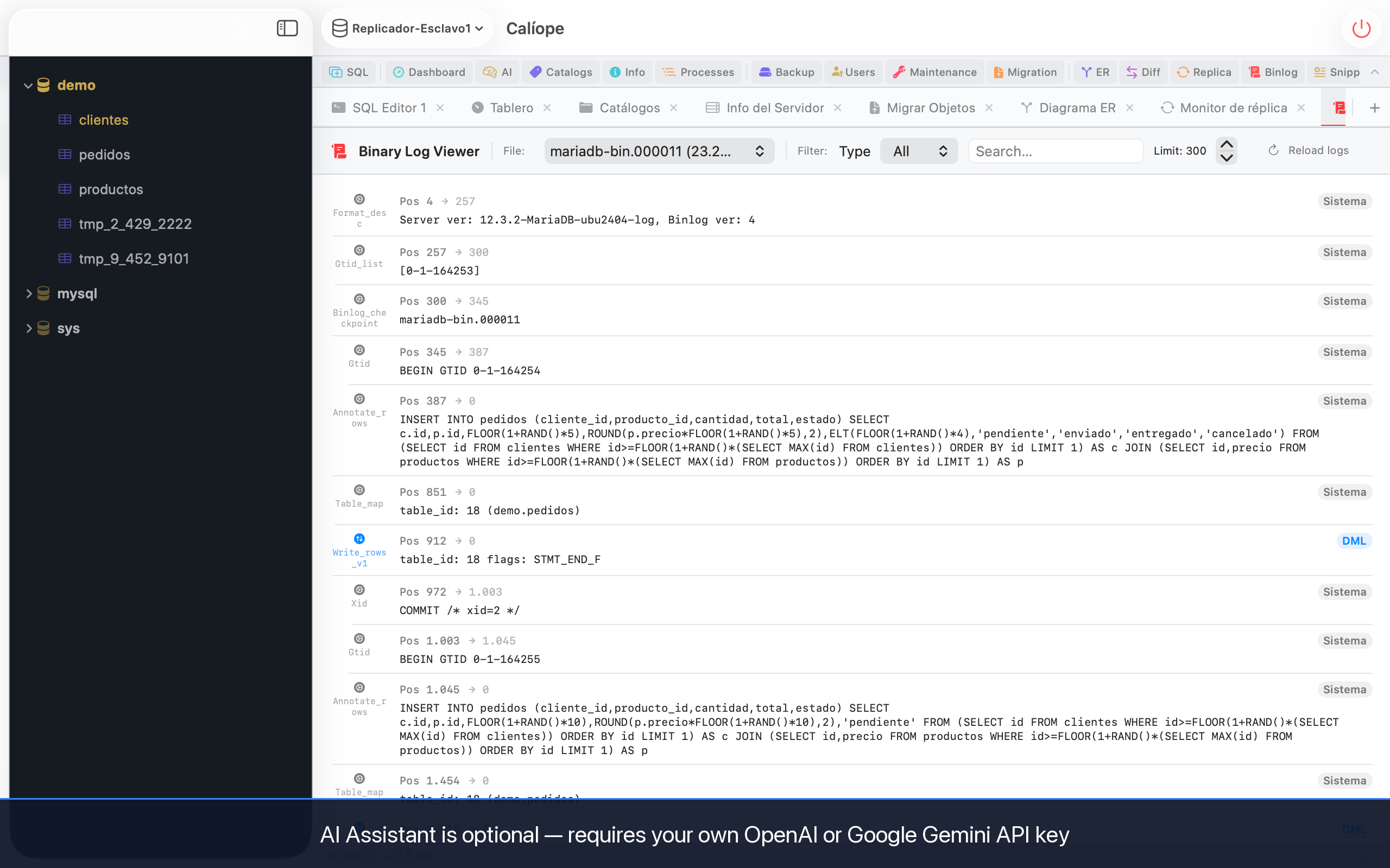 Binary log viewer with GTID and DML events