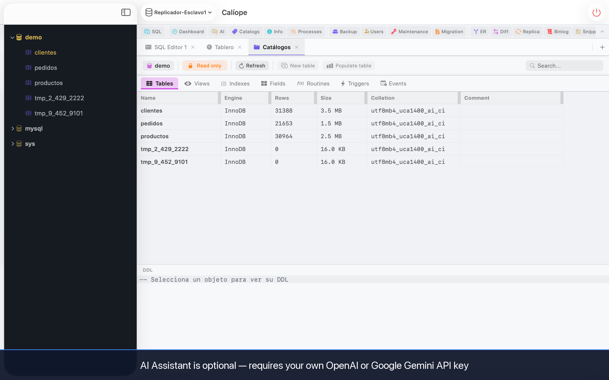 Schema catalogs with tables, views, indexes and routines tabs