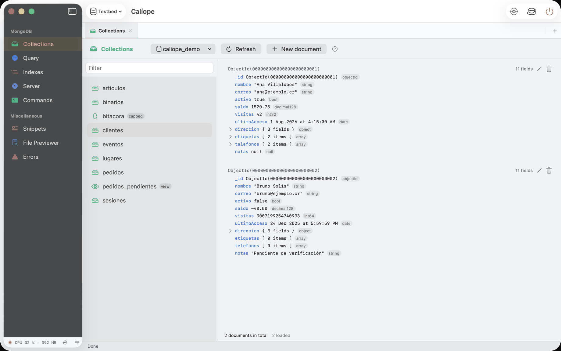 MongoDB collection browser showing a document as a typed, foldable tree