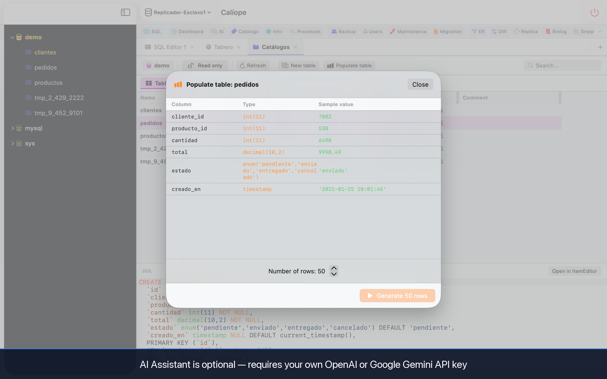 Populate table modal generating sample rows