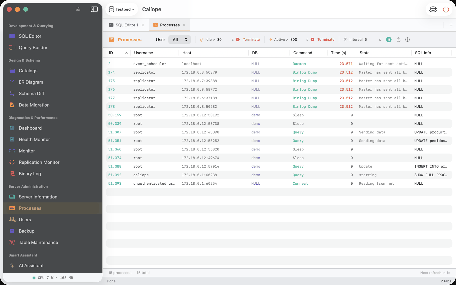 Process list with running queries, user, host and state
