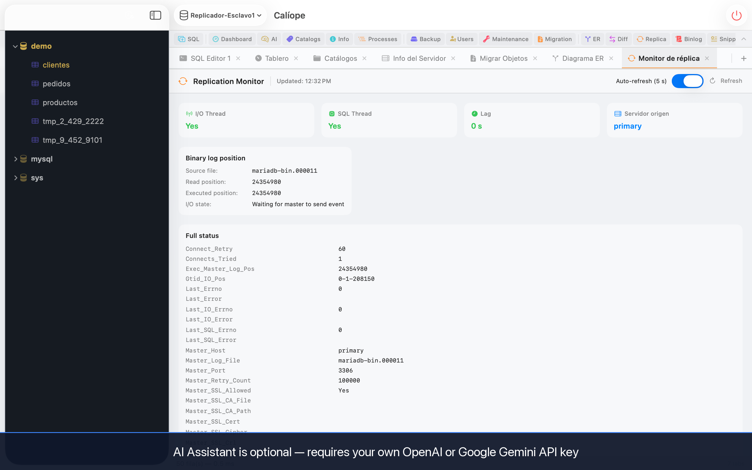 Replication monitor showing I/O and SQL threads status