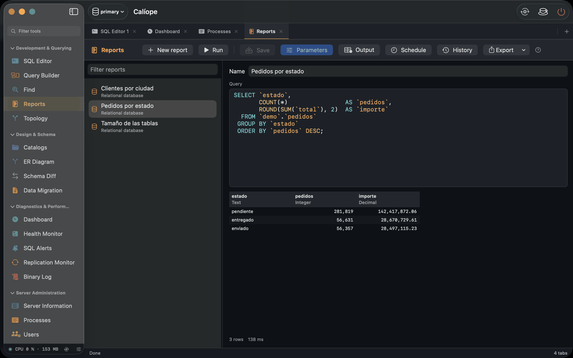 Reports tool showing a saved report with its query and a typed result table