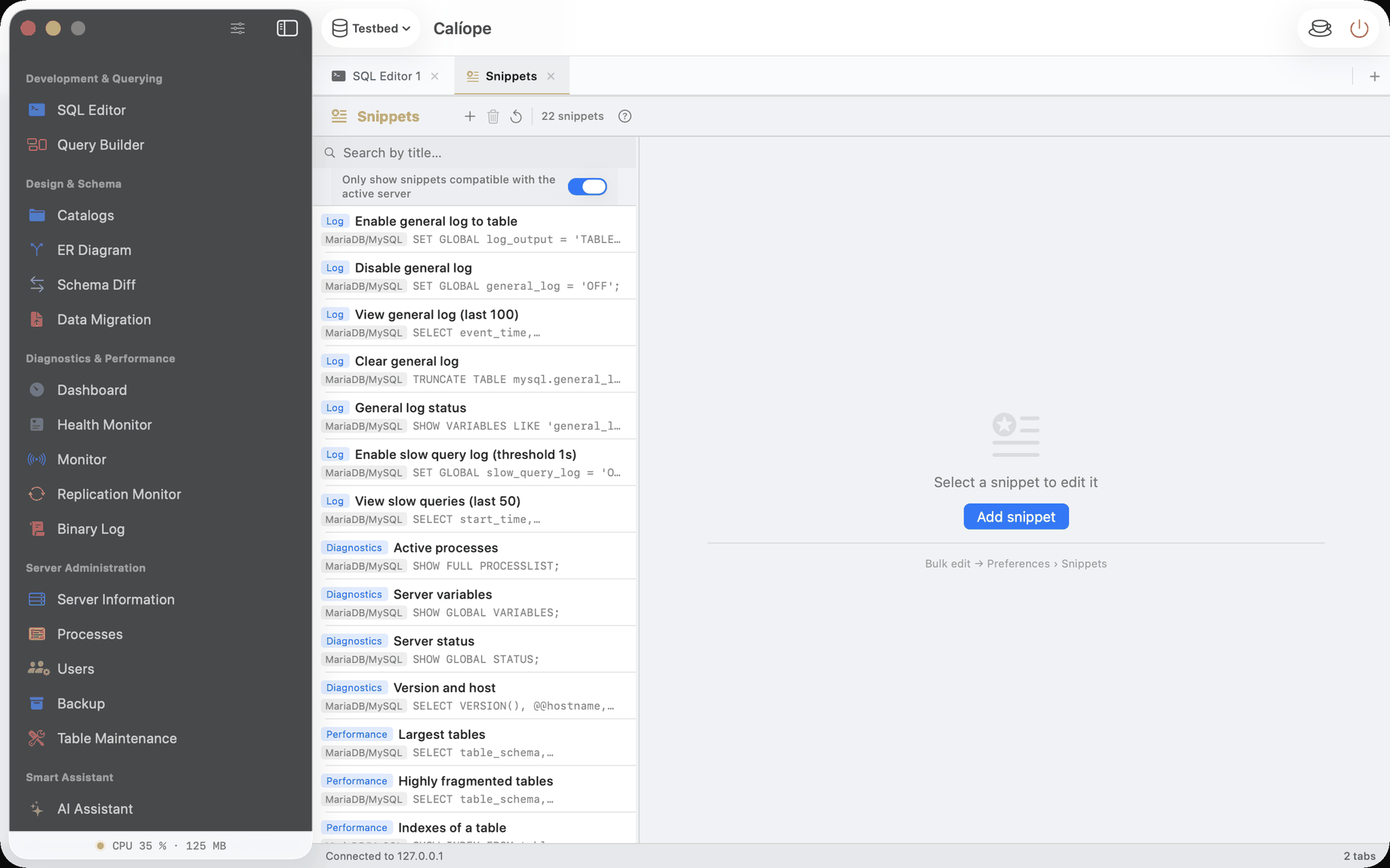 Snippet library with reusable SQL organised by category