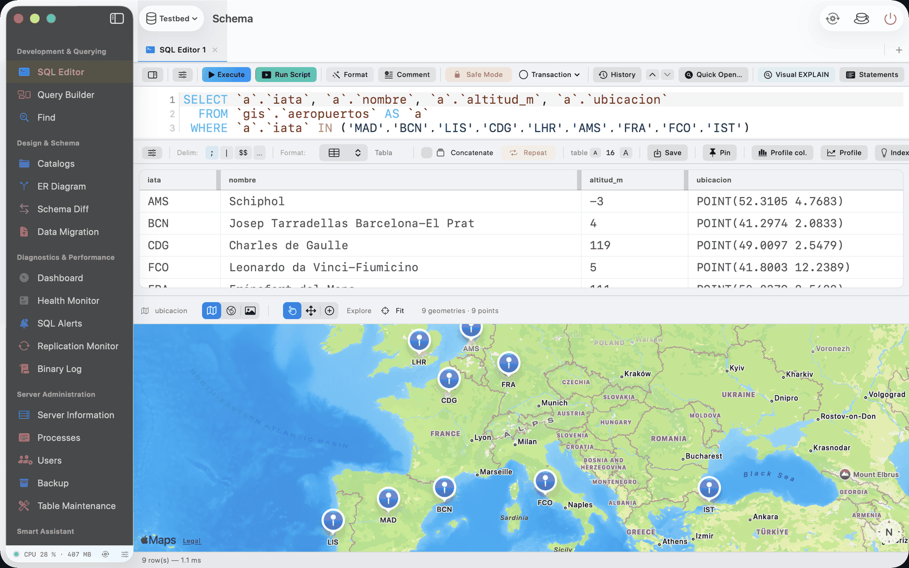 Spatial GEOMETRY column drawn on an interactive map inside the SQL editor