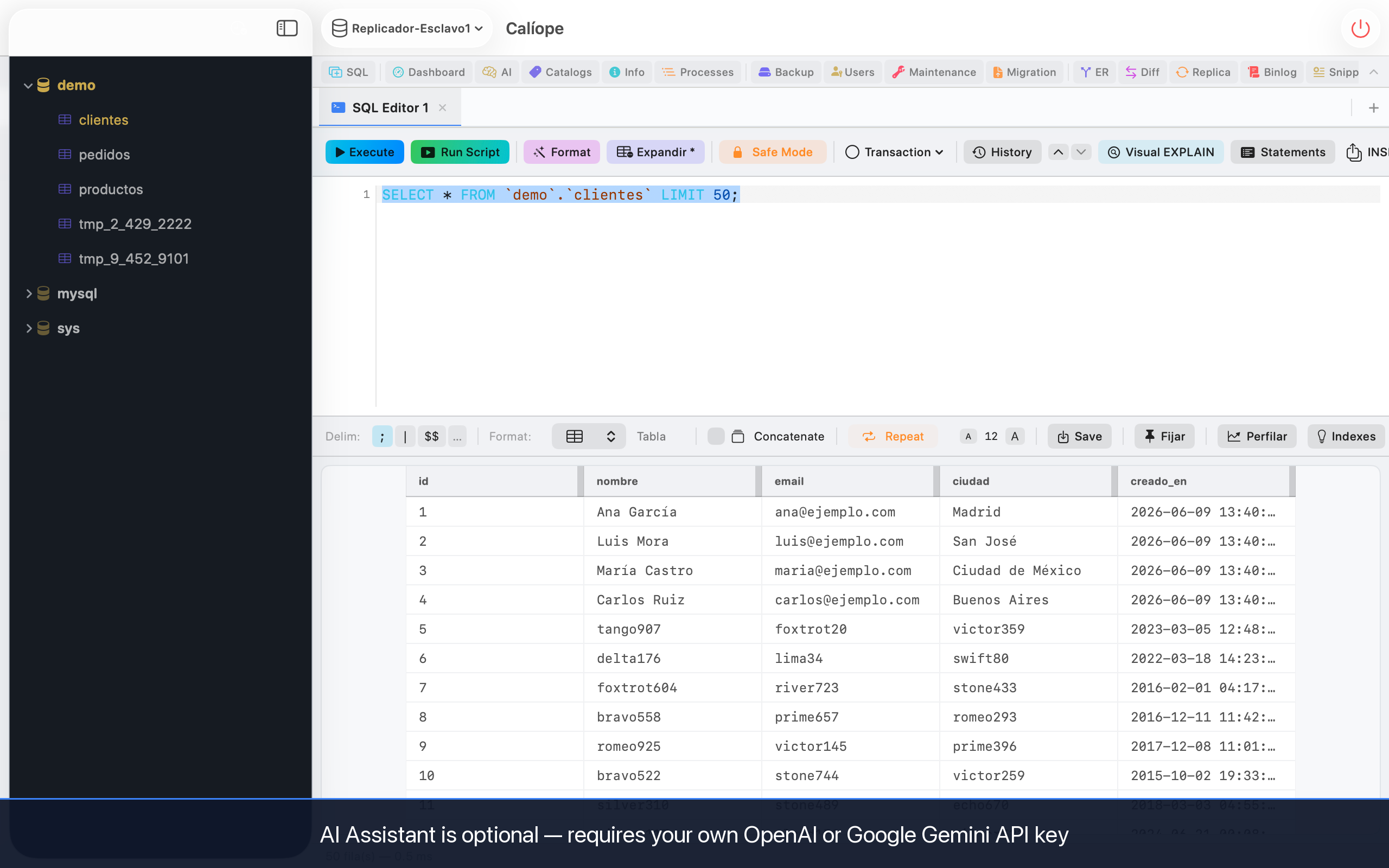 SQL Editor with syntax highlighting and query results