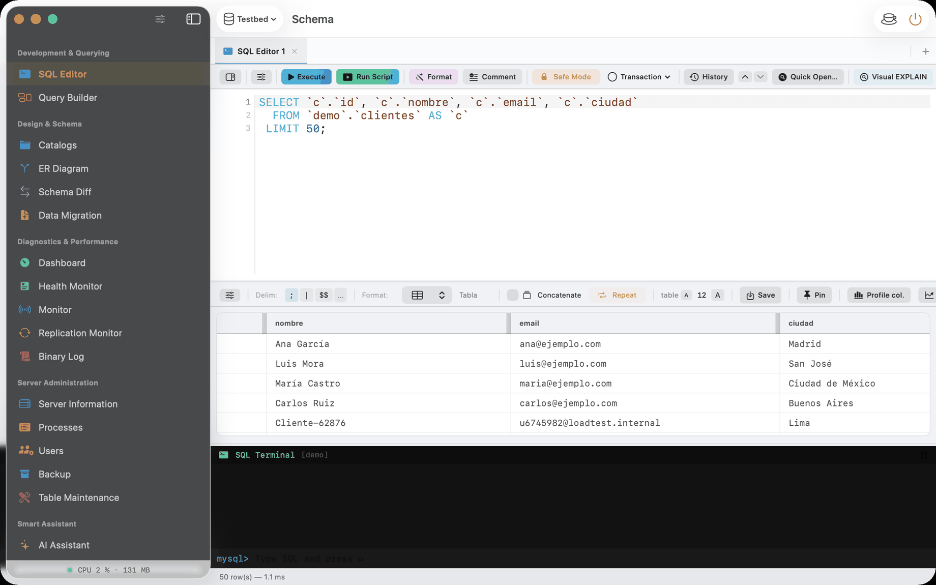 SQL terminal docked at the bottom of the editor