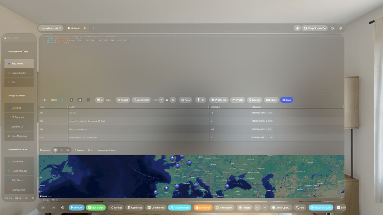 The SQL editor on Apple Vision Pro, with the results on a map